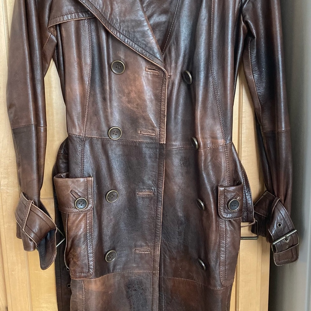 Brown Leather Trench Coat with Asymmetrical Closure